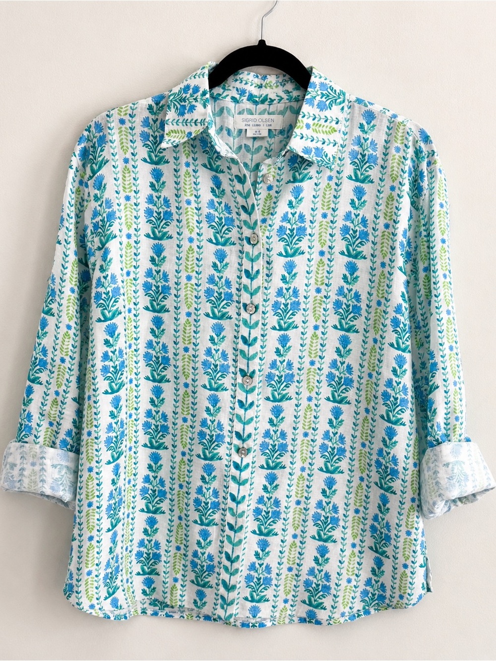 Sigrid Olsen Blue and Green Floral Button-Down Shirt